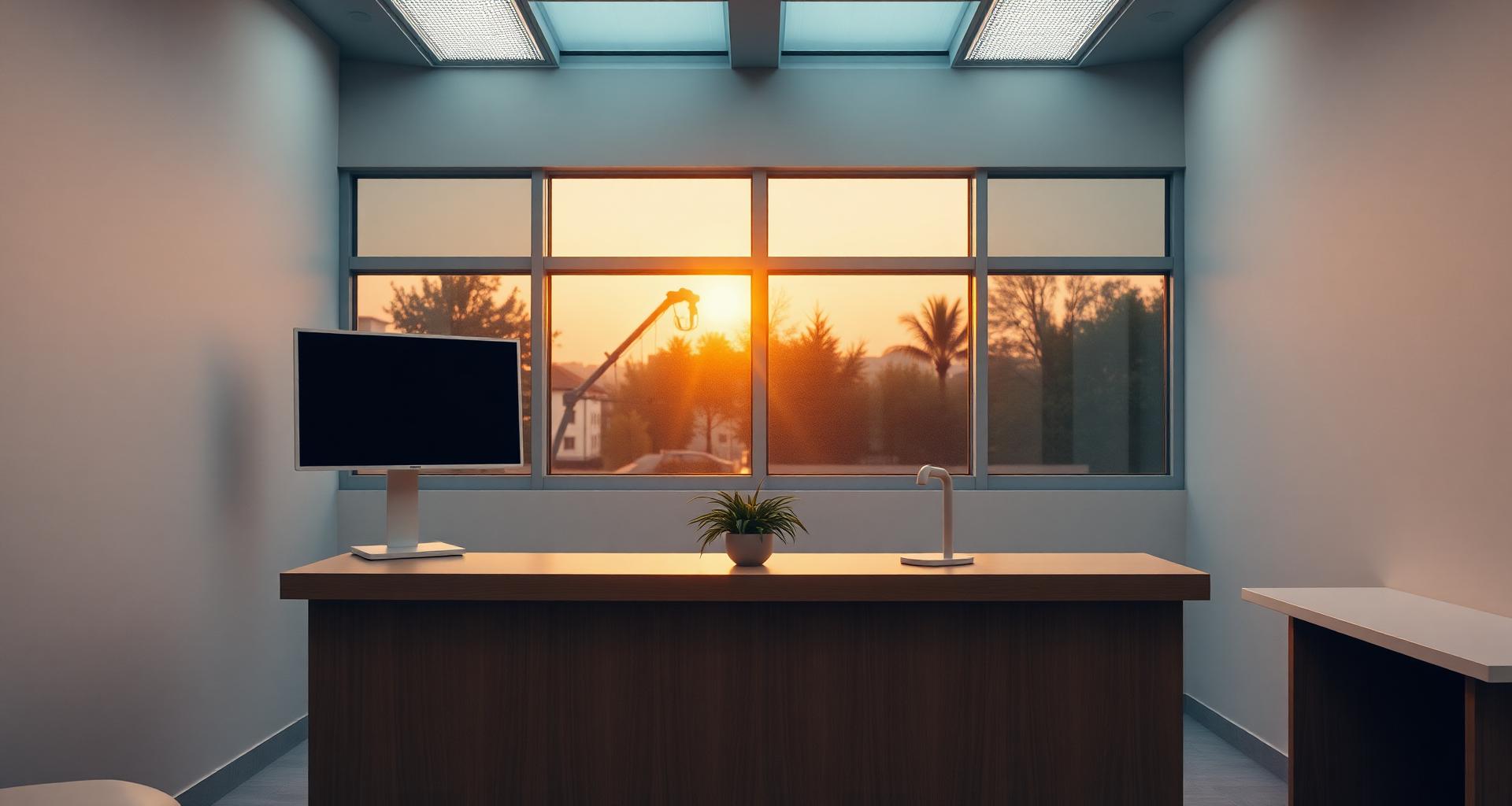 Calm end-of-day light through a clinic window.