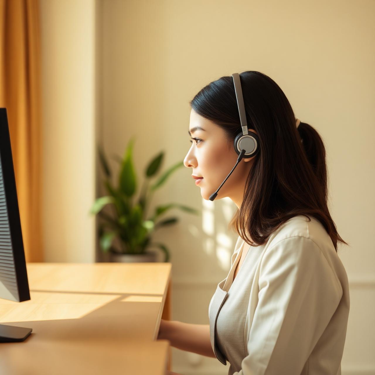A front-desk teammate in a thin headset, focused on a quiet morning of patient calls.